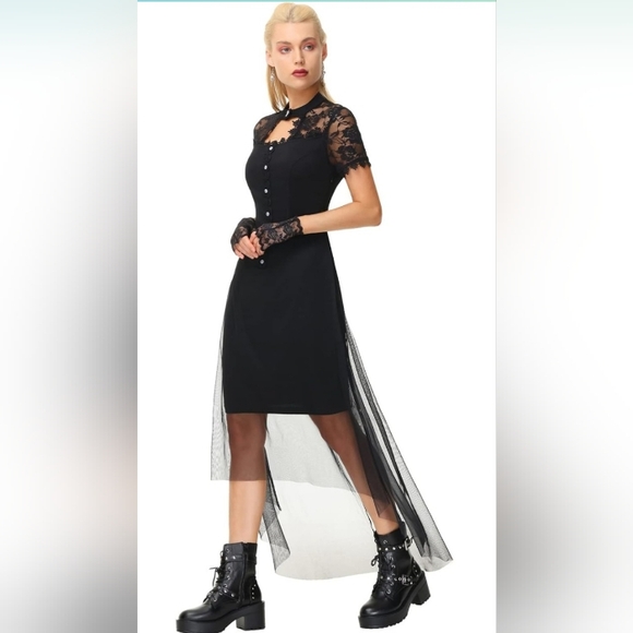 Belle Poque Dress Lace Overlay Black Midi High Low Hem M - Picture 2 of 8